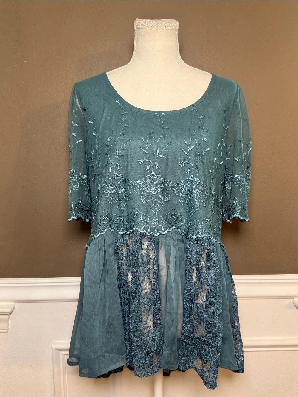 Free People Teal Embroidered‎ Lace Peplum Top